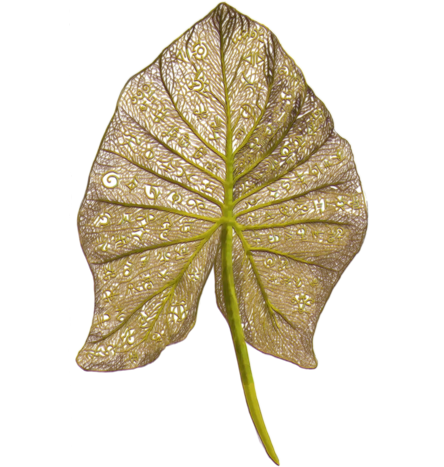 leaf skeleton with mystical symbols. atmospheric illustration representing the story of The Verdant Complex by Keon Shore
